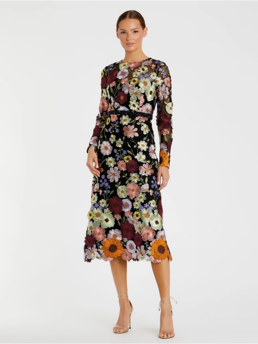 Mac Duggal floral embroidered A-line midi dress, size 10 medium